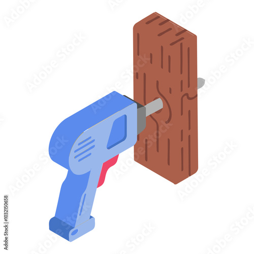 notching timber joists isometric concept, Drilling the Hole wooden sheet vector icon design, timber and lumber Symbol,  forest Deforestation products Sign,mill yard and sawworks stock illustration