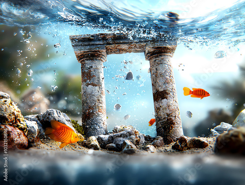 Underwater ruins with colorful fish swimming around ancient columns and rocks. photo