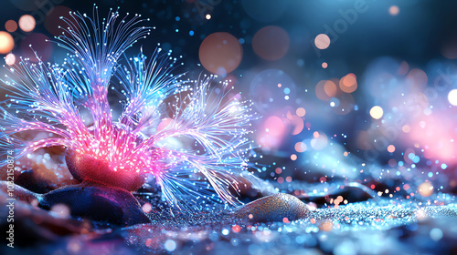 Vibrant glowing flora with colorful particles in a mystical underwater environment. photo