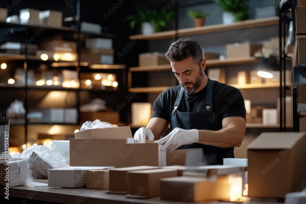 A man wearing gloves and an apron is carefully packing boxes on a table amidst a modern warehouse setting with shelves and decorative lights in the background. A man wearing gloves and an apron is carefully packing boxes on a table amidst a modern warehouse setting with shelves and decorative lights in the background.