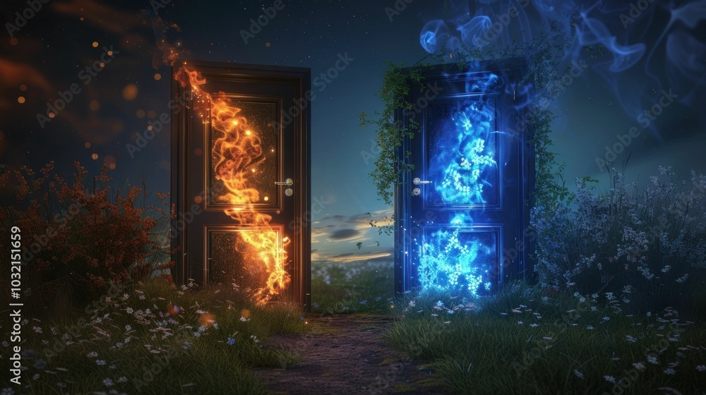fantasy doors, fire and ice, magical landscape, striking contrast, mystical atmosphere fantasy doors, fire and ice, magical landscape, striking contrast, mystical atmosphere