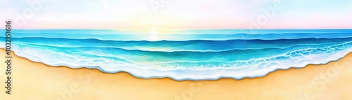 A quiet beach at sunrise, oil painting realism, soft pastel tones, gentle waves lapping on shore, intricate sand details, peaceful and reflective mood