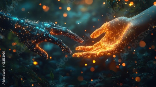 A robotic hand reaches out to a glowing human hand in a mystical forest setting.