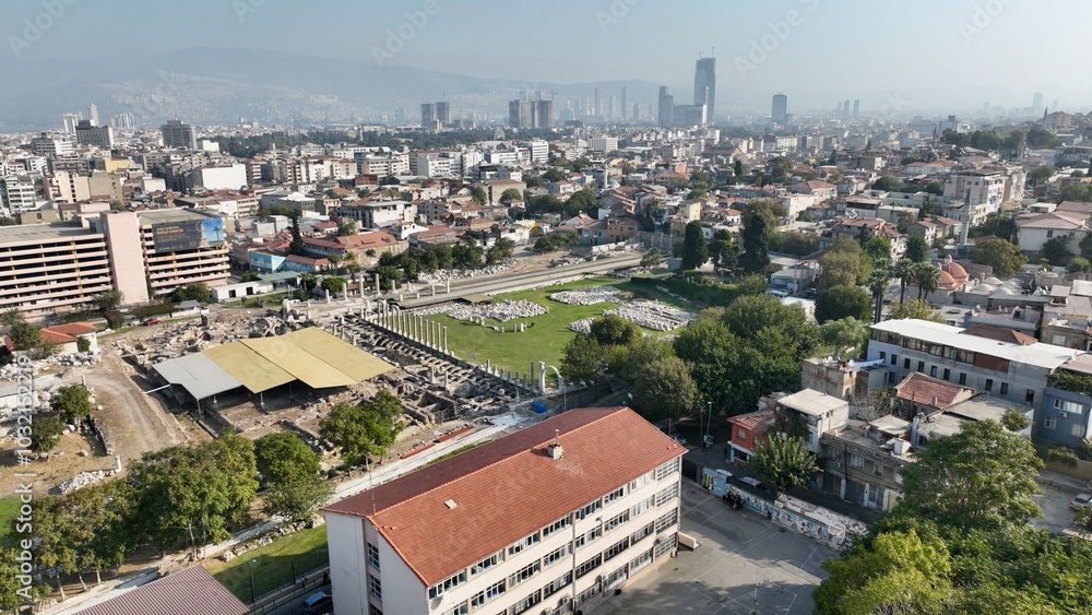 Fototapeta premium Izmir agora ancient city - high quality aerial view of izmir agora from drone - smyrna agora