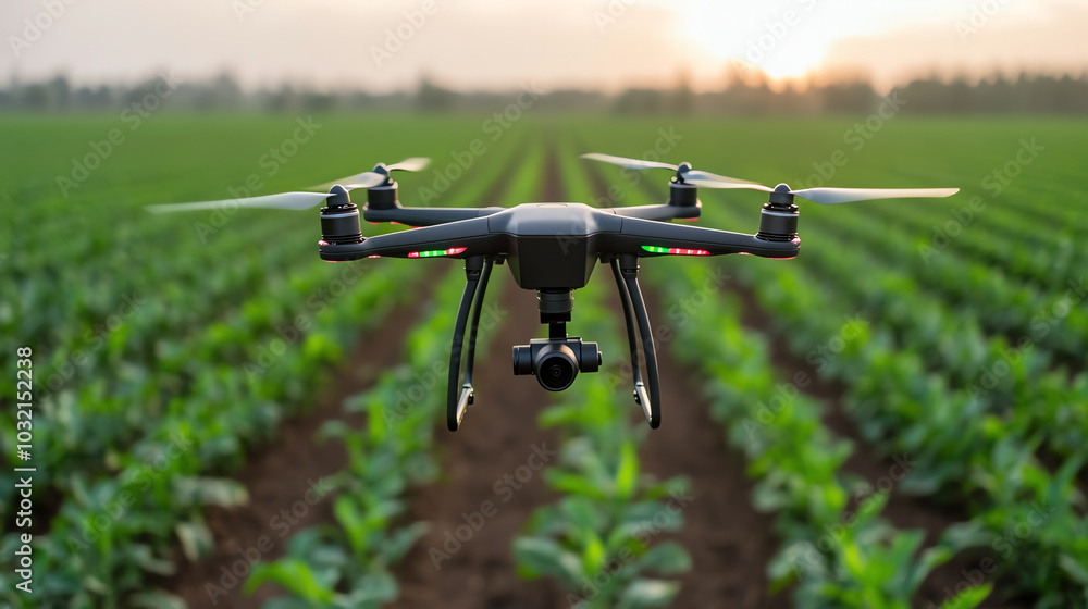 A drone flying over a lush green field during sunset, showcasing the innovative use of technology in agriculture for monitoring and cultivation. A drone flying over a lush green field during sunset, showcasing the innovative use of technology in agriculture for monitoring and cultivation.