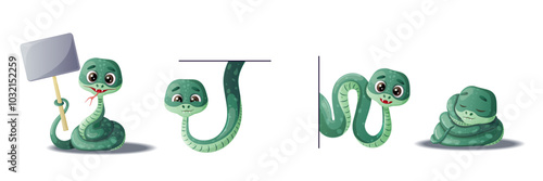 Cute green snake Character Engaged in Different Activity Vector Set. Vector illustration