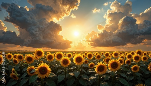 Wallpaper Mural Golden sunflower field stretching towards the horizon under a dramatic sky filled with towering cumulus clouds, lit by the late afternoon sun Torontodigital.ca