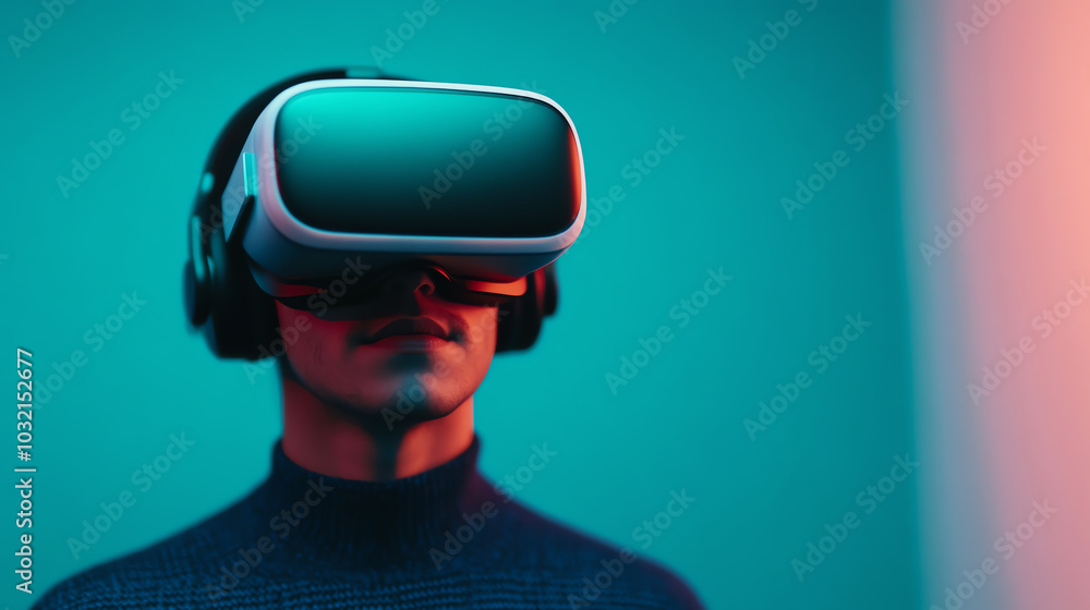 A person wearing a virtual reality headset, immersed in a digital experience. The background features an abstract design with vibrant colors, creating an immersive tech vibe. A person wearing a virtual reality headset, immersed in a digital experience. The background features an abstract design with vibrant colors, creating an immersive tech vibe.