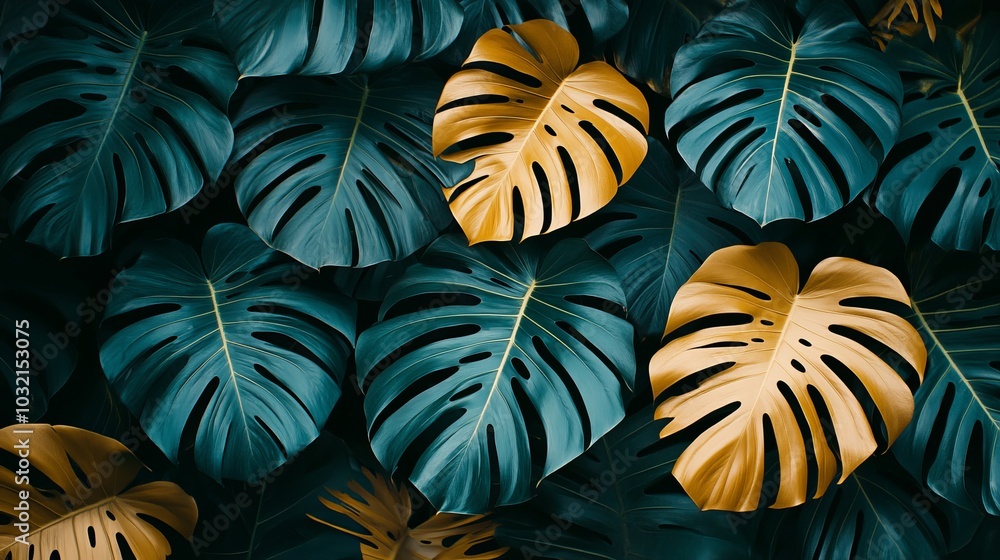 Large green and gold tropical leaves create an elegant natural background with a repeating pattern, perfect for projects related to nature and design Large green and gold tropical leaves create an elegant natural background with a repeating pattern, perfect for projects related to nature and design