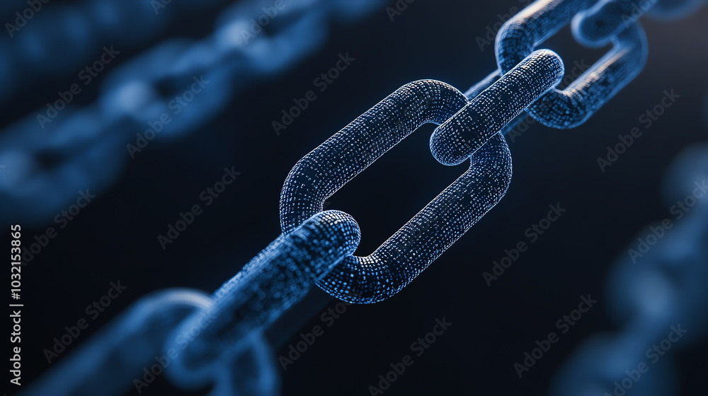 Close-up of a digital chain link, illustrating connectivity and security in technology. The blue hue adds a futuristic touch to this abstract representation with depth. Close-up of a digital chain link, illustrating connectivity and security in technology. The blue hue adds a futuristic touch to this abstract representation with depth.