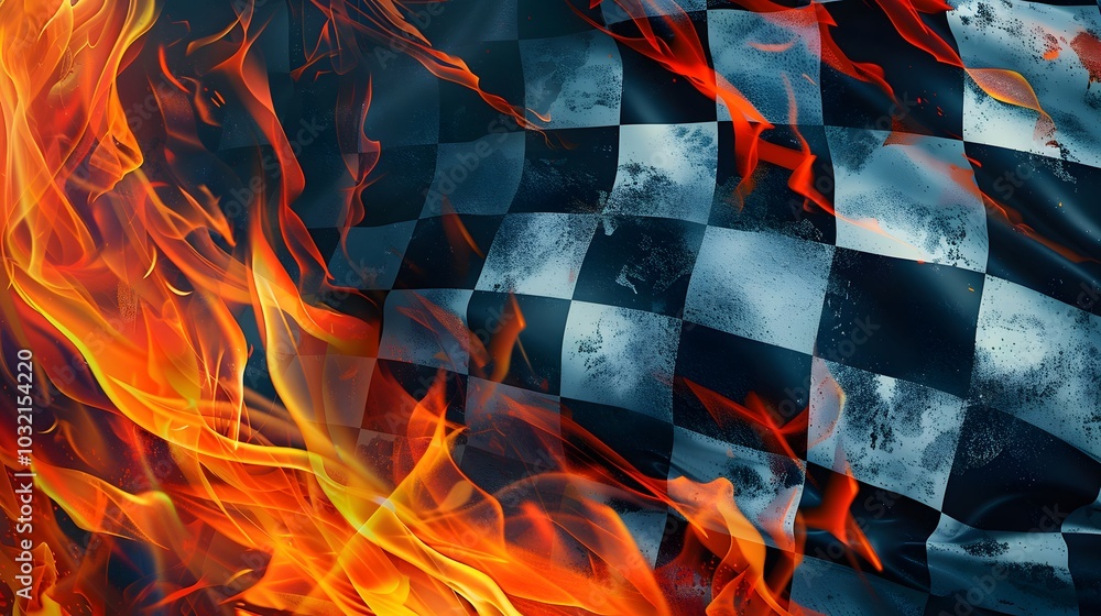 Naklejka premium Flowing Checkered Racing Flag with Fire
