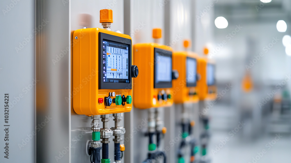 Detail of industrial control panels with bright orange interfaces, showcasing advanced technology for manufacturing processes. Detail of industrial control panels with bright orange interfaces, showcasing advanced technology for manufacturing processes.