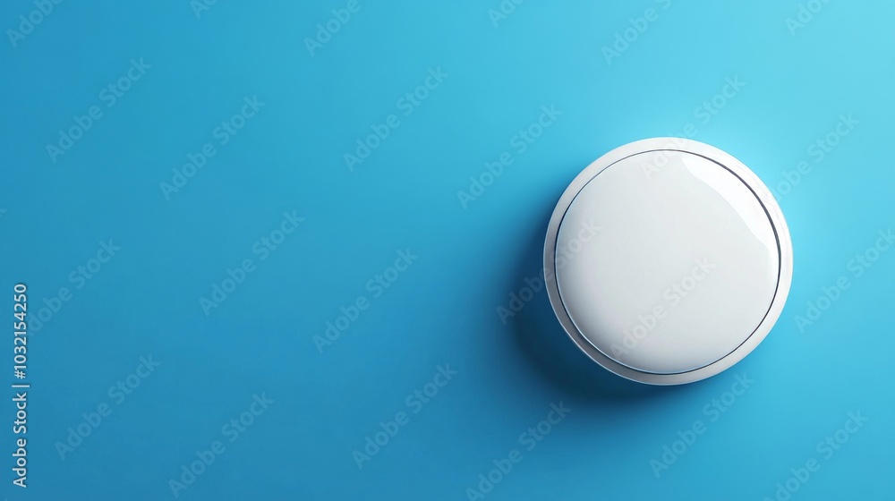 White button on blue background, perfect for simple concepts. Clean, modern design adds elegance. Symbolizes power and control. Top view with copy space for digital or abstract ideas White button on blue background, perfect for simple concepts. Clean, modern design adds elegance. Symbolizes power and control. Top view with copy space for digital or abstract ideas