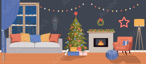 Living room Christmas interior. Comfortable sofa, Christmas tree,  window, chair and fireplace. Vector flat illustration