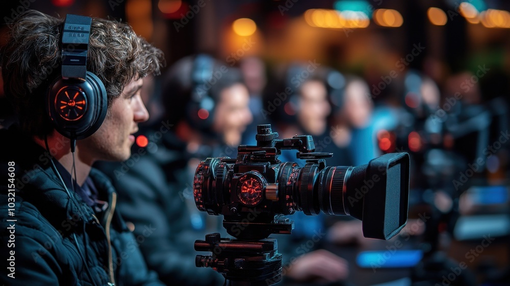 A cameraman with headphones focuses on the action at an event, capturing the excitement for an audience. A cameraman with headphones focuses on the action at an event, capturing the excitement for an audience.