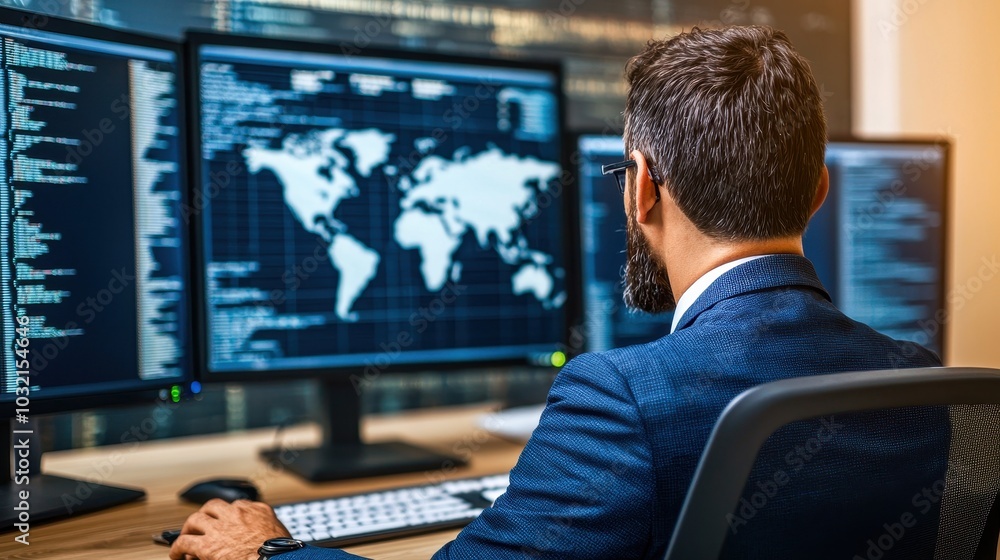 Business professional analyzing global data on multiple screens in a modern office environment. Business professional analyzing global data on multiple screens in a modern office environment.