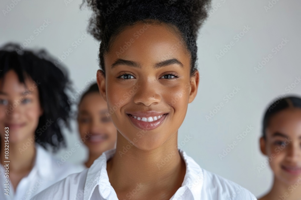 Diverse women in white shirts smiling for web banner. Diverse women in white shirts smiling for web banner.