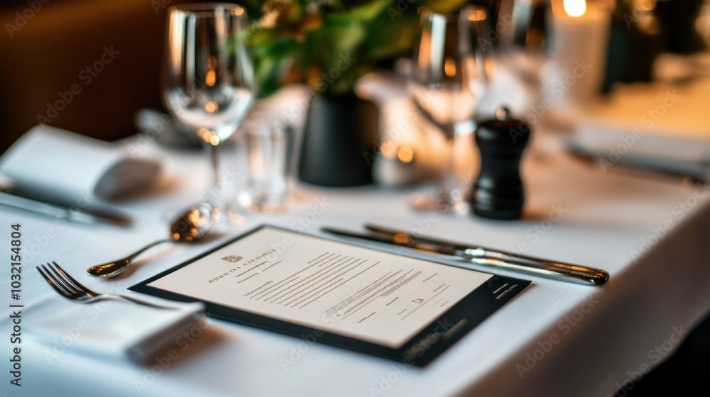 A close-up of a beautifully set table in a restaurant with a menu, silverware, and glasses. A close-up of a beautifully set table in a restaurant with a menu, silverware, and glasses.