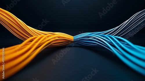 Vibrant orange and blue wires intertwine against a dark backdrop, creating a striking visual representation of connection and technology in a modern design.