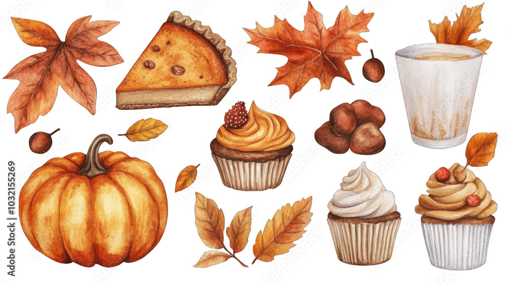Collection of PNG. Watercolor of sweets, pumpkin, dry leaves, pie and cupcake, isolated on a transparency background. Collection of PNG. Watercolor of sweets, pumpkin, dry leaves, pie and cupcake, isolated on a transparency background.