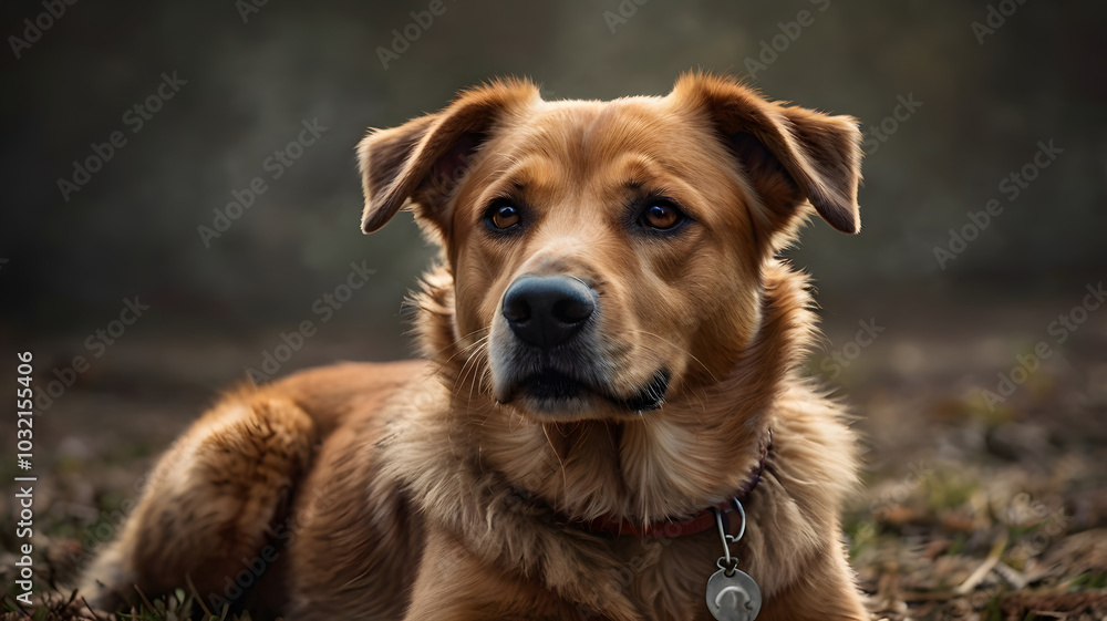 A brown dog with a red collar is laying on the ground. The dog has a black nose and is looking at the camera A brown dog with a red collar is laying on the ground. The dog has a black nose and is looking at the camera