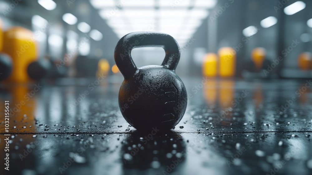 Fototapeta premium A lone kettlebell sits on a wet gym floor. Perfect for showcasing fitness and workout themes.