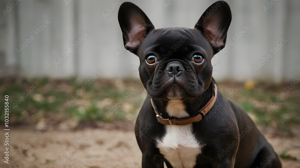 A black and white dog with a brown collar is sitting on the ground. The dog has a serious expression on its face A black and white dog with a brown collar is sitting on the ground. The dog has a serious expression on its face