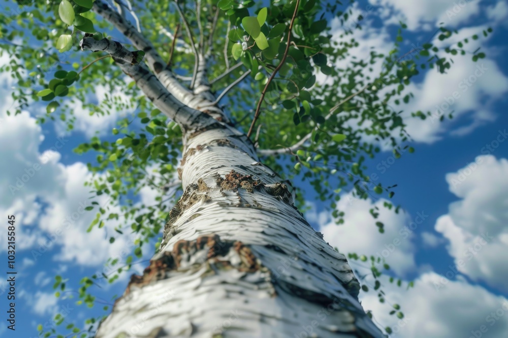 Fototapeta premium A single birch tree with green leaves stands out against a bright blue sky