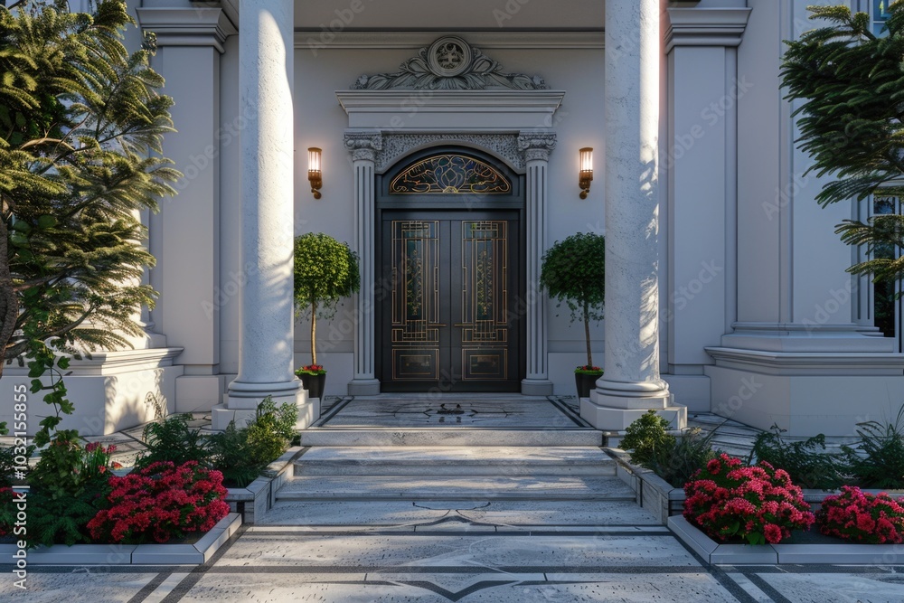 A large white building with a wooden door, suitable for use as a background or in architectural photography A large white building with a wooden door, suitable for use as a background or in architectural photography