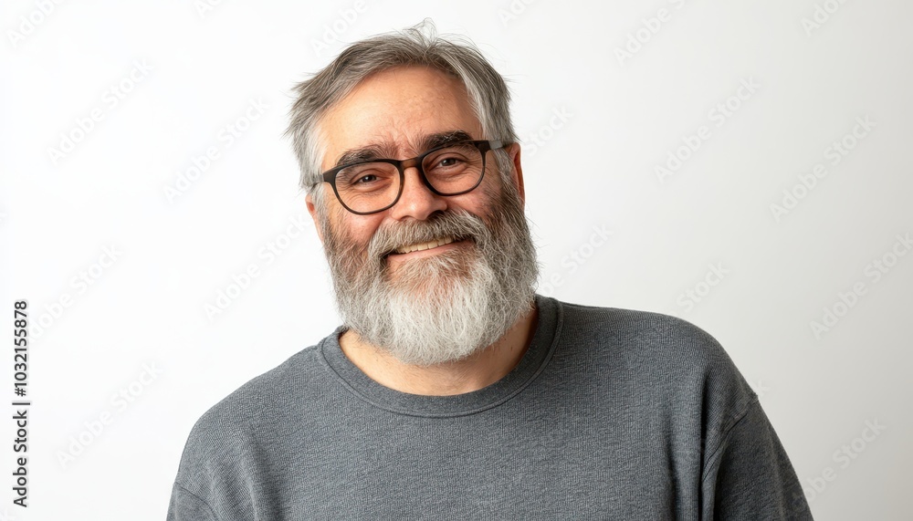 Cheerful mature man with a beard wearing a sweatshirt against a white background Cheerful mature man with a beard wearing a sweatshirt against a white background