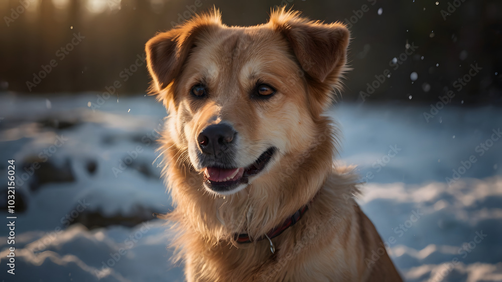 A dog is standing in the snow with its mouth open, looking at the camera. The dog appears to be happy and content, enjoying the winter weather A dog is standing in the snow with its mouth open, looking at the camera. The dog appears to be happy and content, enjoying the winter weather