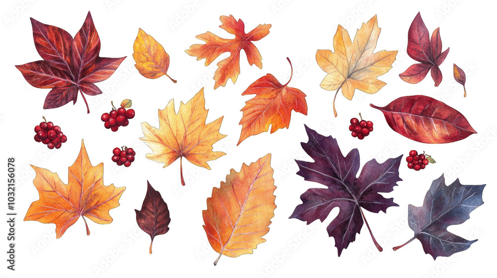 Collection of PNG. Autumn leaves, berry watercolor, isolated on a transparency background. Collection of PNG. Autumn leaves, berry watercolor, isolated on a transparency background.