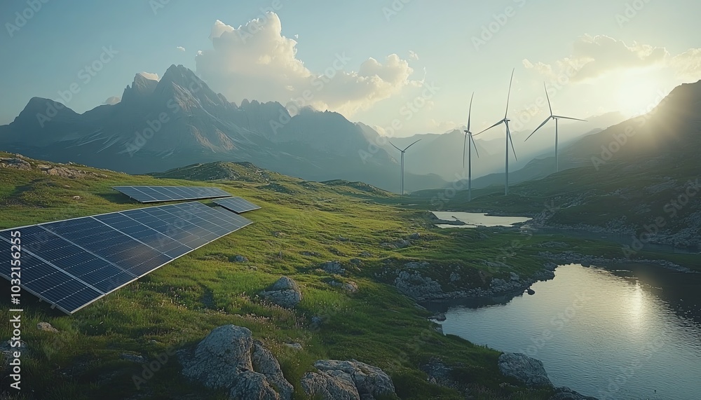 A picturesque scene showcasing solar panels alongside wind turbines ...