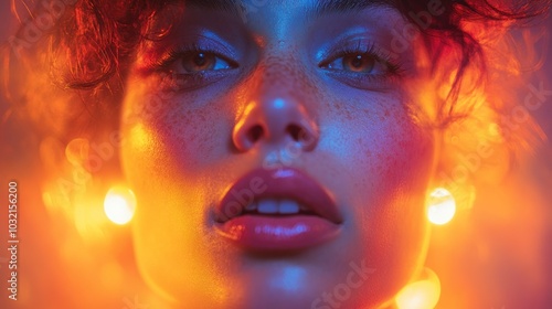 Close-up portrait of a young woman with freckles and bright makeup, illuminated with colorful lights.