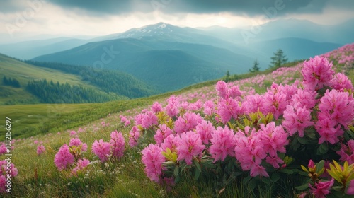 Pink Rhododendron Flowers Blooming on a Mountainside with Distant Hills