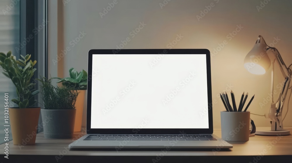 A laptop with a blank screen sits on a wooden desk with plants, pencils in a holder, and a lamp casting a warm glow. A laptop with a blank screen sits on a wooden desk with plants, pencils in a holder, and a lamp casting a warm glow.
