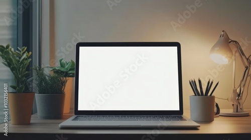 Wallpaper Mural A laptop with a blank screen sits on a wooden desk with plants, pencils in a holder, and a lamp casting a warm glow. Torontodigital.ca