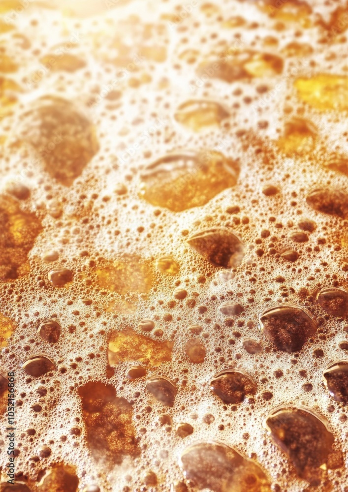 Close-Up of Golden Foamy Bubbles in Liquid Beverage with Bright Lighting Close-Up of Golden Foamy Bubbles in Liquid Beverage with Bright Lighting