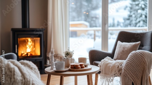 Minimalistic hygge living room interior in white color, room in cottage or guest house in winter snowy forest, fireplace and set tea table in warm modern room, winter holidays slowcation concept, AI photo