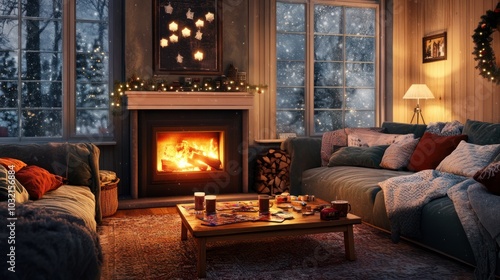 Evening in large warm living room with fireplace and lots of candles, food and boar game on the tea table, interior of cozy cabin in winter snowy forest, slowcation concept, AI generated image