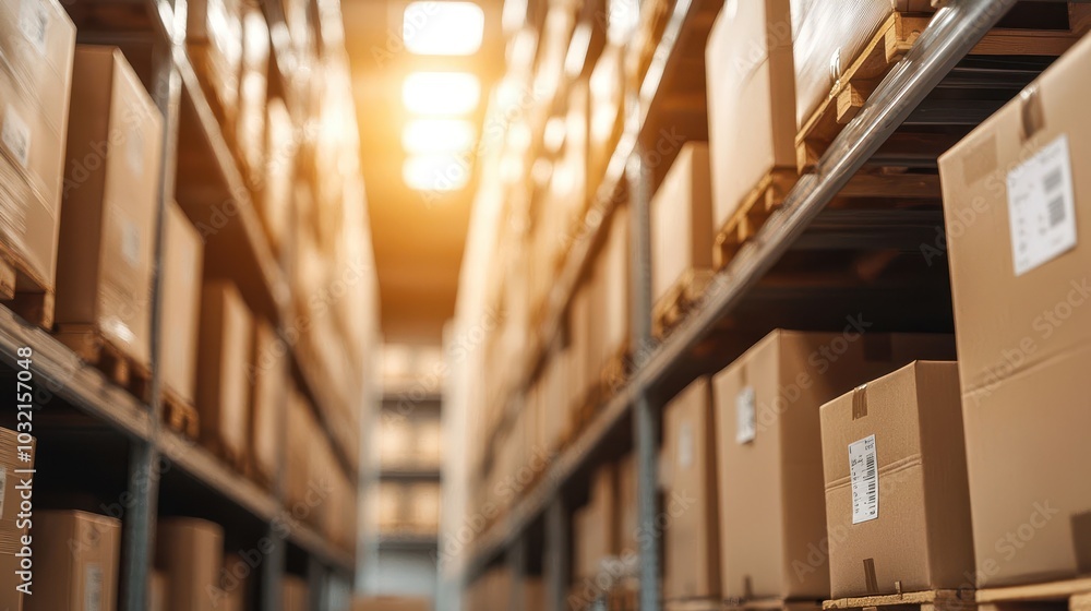 Fototapeta premium Warehouse operations, Warehouse interior with rows of stacked cardboard boxes, soft lighting creating a warm atmosphere.