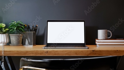 Wallpaper Mural Close up of dark designer office desk with mock up laptop on wooden table. 3D Rendering. Torontodigital.ca