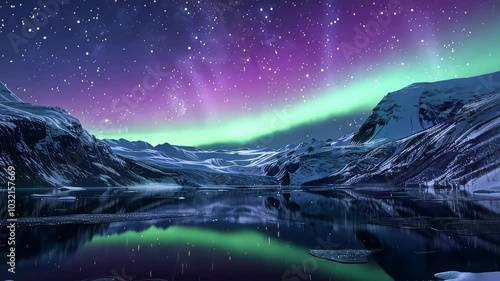 Wallpaper Mural Northern lights over icy mountains with starry sky reflecting in calm waters, astrophotography and nature concept. Torontodigital.ca