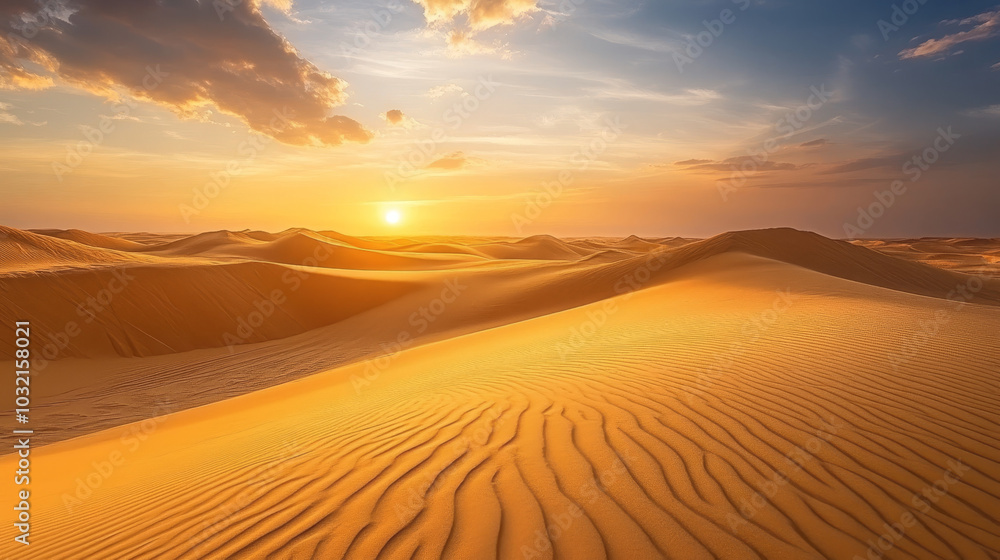 A stunning view of golden sand dunes at sunset, where the soft light of the setting sun casts long shadows across the rippled surface.
A stunning view of golden sand dunes at sunset, where the soft light of the setting sun casts long shadows across the rippled surface.