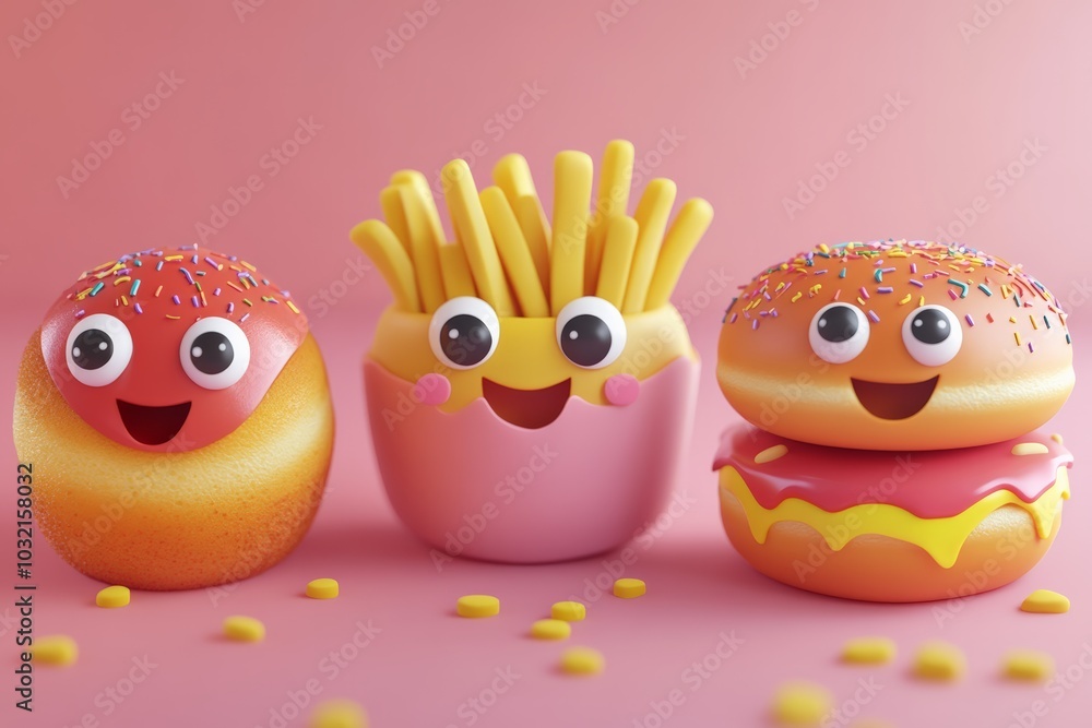 Smiling burger and fries characters in a colorful and playful setting
Smiling burger and fries characters in a colorful and playful setting