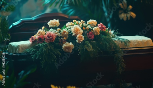 A solemn farewell with a flower-adorned coffin during a church funeral service