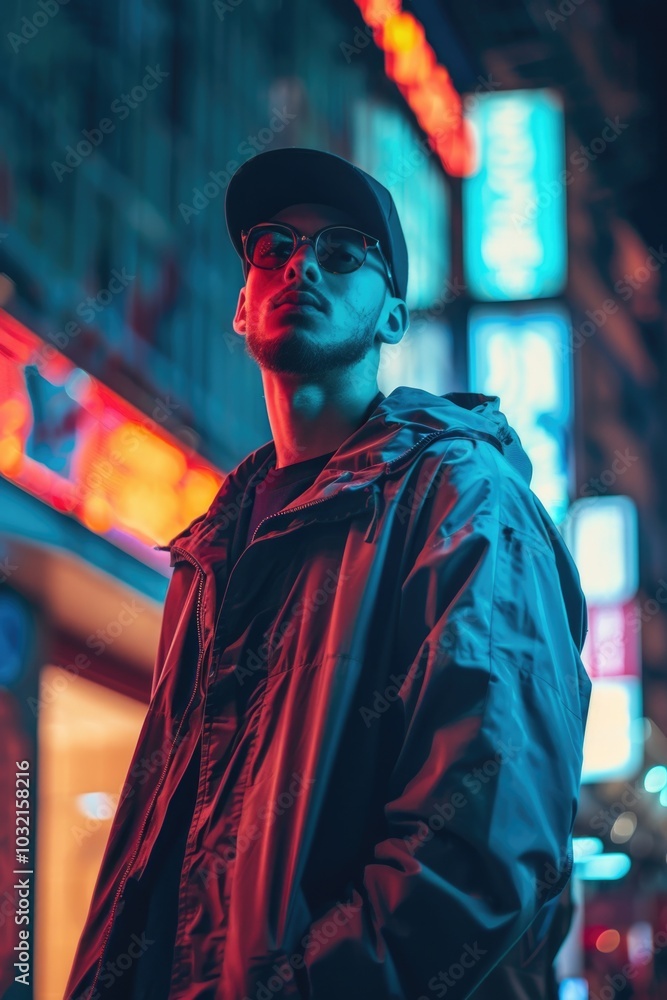 Obraz premium A person standing in front of a bright neon sign