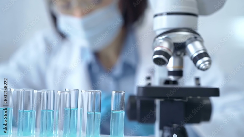Test tubes with a blurred scientist in a lab coat in the background Test tubes with a blurred scientist in a lab coat in the background