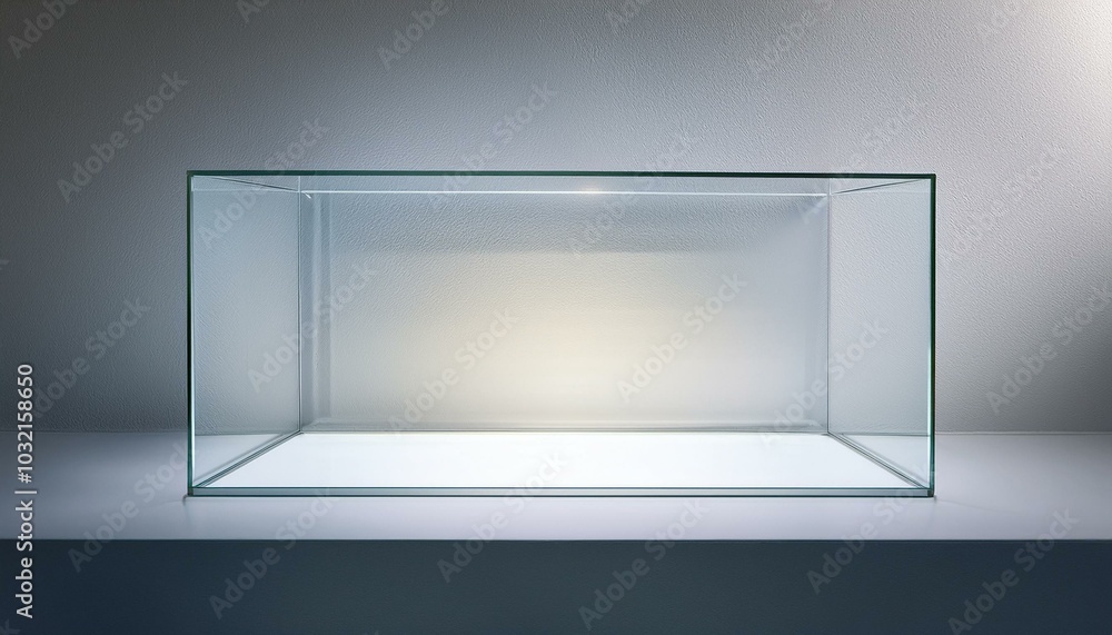 Empty illuminated glass showcase with mock up place on white wall backdrop. 3D Rendering. Empty illuminated glass showcase with mock up place on white wall backdrop. 3D Rendering.