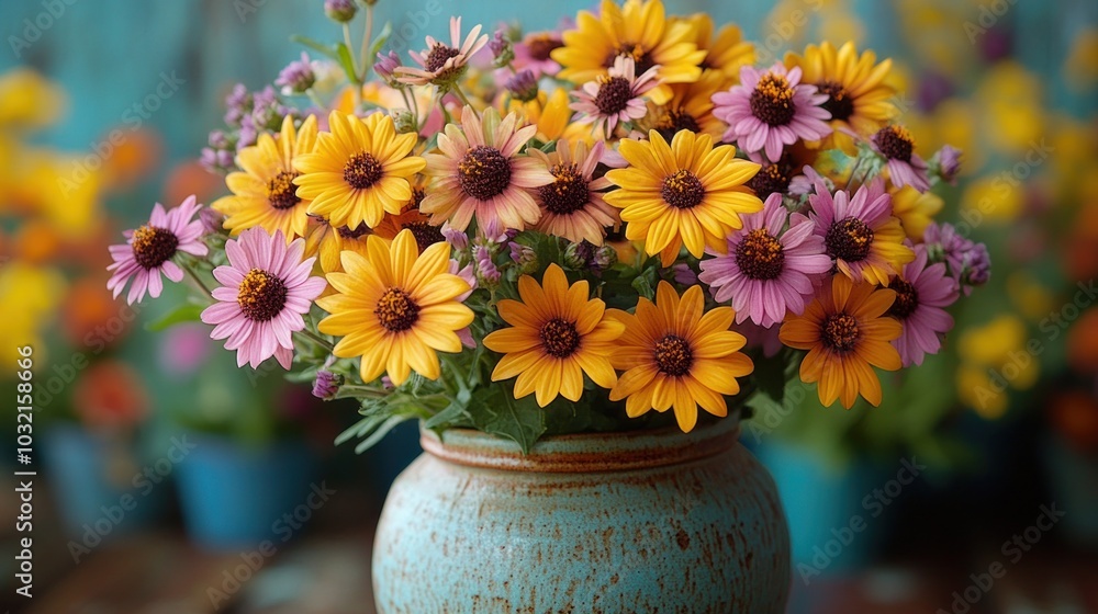 A rustic blue vase filled with a vibrant bouquet of yellow and purple flowers against a blue rustic background. A rustic blue vase filled with a vibrant bouquet of yellow and purple flowers against a blue rustic background.